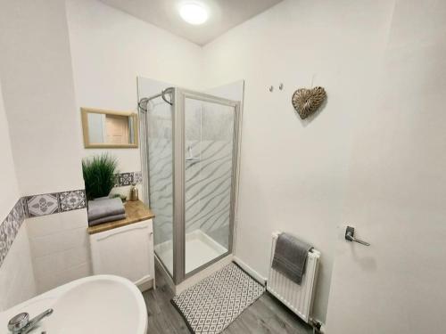 a bathroom with a shower and a toilet and a sink at Granite Getaways - The Terrace Below in Aberdeen