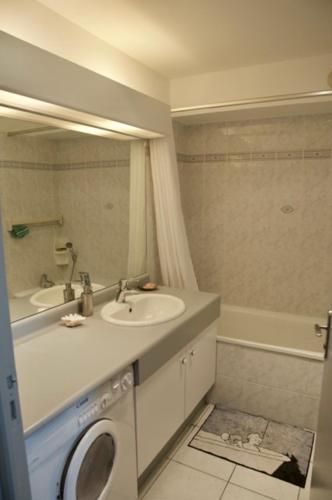 une salle de bain avec un lavabo et une machine à laver dans l'établissement La terrasse du grand bleu à Wimereux, à Wimereux