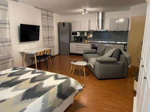 a living room with a couch and a kitchen at Apartment Fulda Aue in Fulda