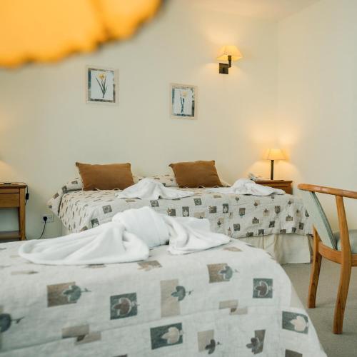 a room with two beds and a chair at Hotel Spa Nieves Del Cerro in Caviahue