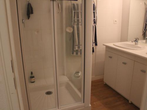 une salle de bain avec douche et lavabo dans l'établissement Duplex avec balcon, ascenseur et parking à Fort-Mahon-Plage - FR-1-482-59, à Fort-Mahon-Plage