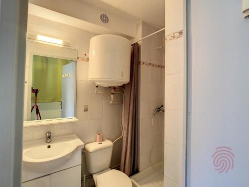 La salle de bains est pourvue de toilettes, d'un lavabo et d'un miroir. dans l'établissement Studio Lamalou-les-Bains, 1 pièce, 2 personnes - FR-1-451-123, à Lamalou-les-Bains