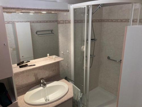 ein Bad mit einem Waschbecken und einer Dusche in der Unterkunft Appartement Le Lavandou, 2 pièces, 4 personnes - FR-1-308-167 in Le Lavandou
