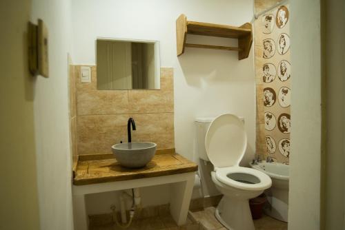 a bathroom with a toilet and a sink with a bowl at Hosteria San Martin in San Salvador de Jujuy