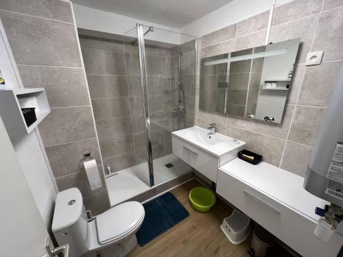 a bathroom with a toilet and a sink and a shower at Studio Les Angles, 2 pièces, 5 personnes - FR-1-593-83 in Les Angles