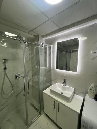 une salle de bains avec douche, lavabo et miroir dans l'établissement Apartment Alex, à Ohrid