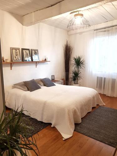 um quarto com uma cama grande e um cobertor branco em Chambre d hotes "Lilimyna" avec petit déjeuner em Barjols