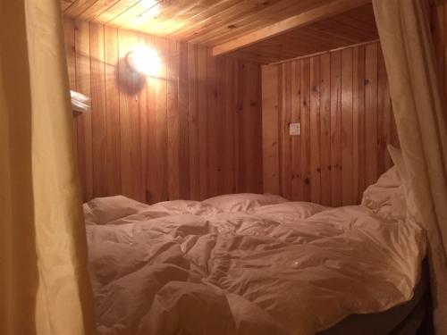 - un grand lit dans une chambre dotée d'un mur en bois dans l'établissement F3 avec balcon, 2 chambres mezzanine, wifi, animaux acceptés, Mont-Dore - FR-1-415-71, à Le Mont-Dore