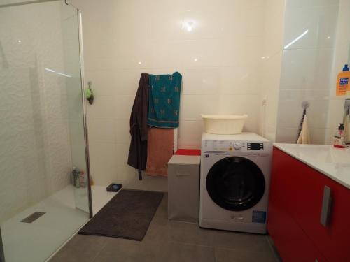 une petite salle de bains avec un lave-linge. dans l'établissement Bel Appartement Proche Centre Ville avec Terrasse et Parking pour 6 Personnes à Arcachon - FR-1-474-63, à Arcachon