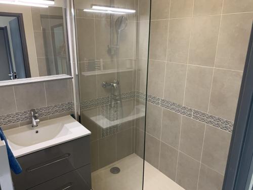 une salle de bain avec une douche avec un lavabo et un miroir dans l'établissement Maison à 50m de la Plage avec Terrasse, 2 Chambres et Parking Privé - Fort-Mahon-Plage - FR-1-482-35, à Fort-Mahon-Plage