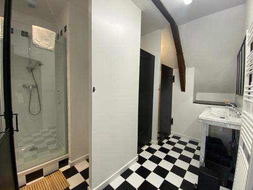 y baño con ducha y lavamanos. en Le Château de La Beauvais, en Piré-sur-Seiche