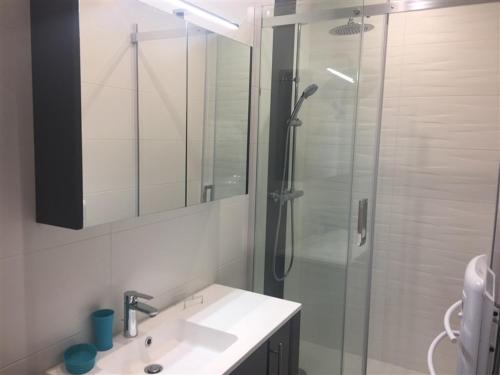 a bathroom with a sink and a glass shower at Appartement Mont-Dore, 3 pièces, 6 personnes - FR-1-415-67 in Le Mont-Dore