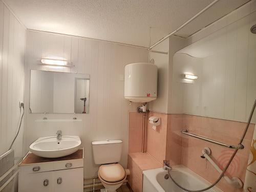 une salle de bain avec un lavabo et des toilettes et un lavabo dans l'établissement Charmant studio RDC avec terrasse, proche Thermes et centre-ville, accepte animaux - Lamalou-les-Bains - FR-1-451-98, à Lamalou-les-Bains