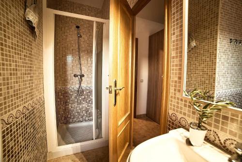 uma casa de banho com um chuveiro, um lavatório e um WC. em La Casa del Olivo em Navahermosa