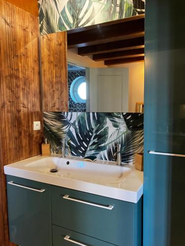 a bathroom with a sink and a mirror at La Bonne Note in Chinon