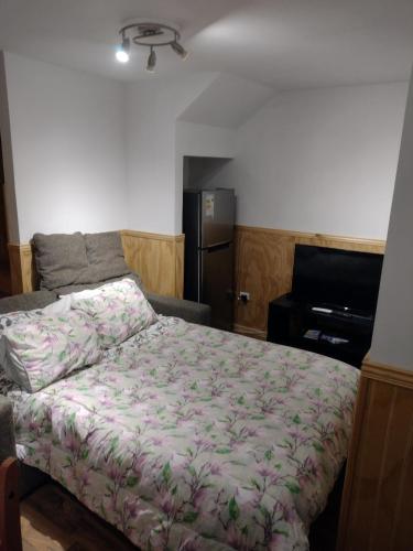 um quarto com uma cama e uma televisão em Departamentos Kitkaika em Punta Arenas