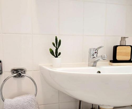 Baño blanco con lavabo y espejo en Gemütliches helles Appartement en Dresden