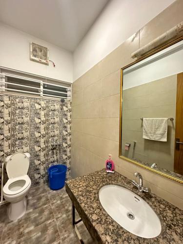 a bathroom with a sink and a toilet and a mirror at Islamabad Travelodge Guest House in Rawalpindi