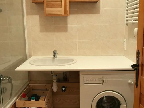 a bathroom with a sink and a washing machine at Appartement Valloire, 2 pièces, 6 personnes - FR-1-263-408 in Valloire