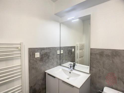 une salle de bain avec un lavabo et un miroir dans l'établissement Studio cosy à 50m des Thermes de Lamalou-les-Bains avec terrasse, wifi et animaux acceptés - FR-1-451-46, à Lamalou-les-Bains