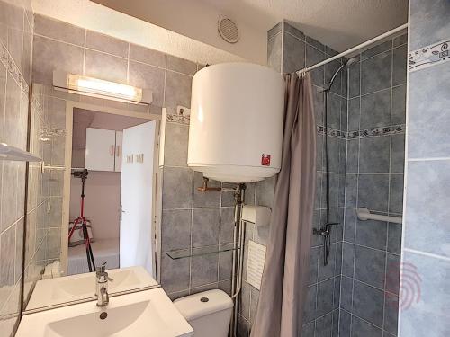 une salle de bain avec un lavabo, des toilettes et une douche dans l'établissement Studio rénové, proche centre-ville et thermes, avec jardin, WIFI, animaux acceptés - FR-1-451-62, à Lamalou-les-Bains