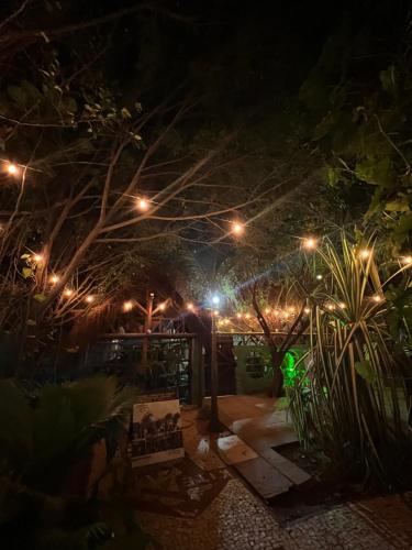 a garden lit up at night with lights at Kitecabana Pousada in Cumbuco