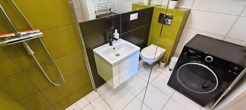 a small bathroom with a toilet and a sink at Copernicus Park Centrum in Słupsk