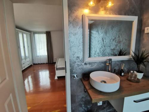 a bathroom with a sink and a mirror at Mountain Home Bran in Bran