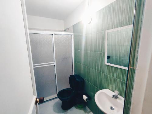 a bathroom with a shower and a toilet and a sink at VILLA SOL HABITACIONES in San Andrés