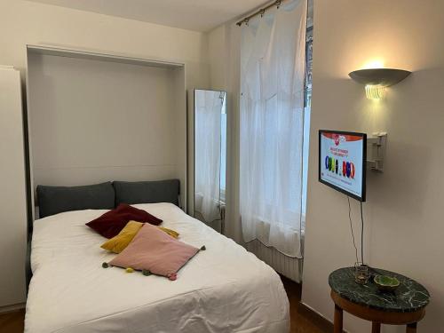 um quarto com uma cama e uma televisão na parede em Studio de Charme de Verneuil em Paris