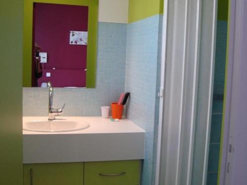 une salle de bains avec un lavabo et un miroir dans l'établissement Maison de Plain-Pied à 700m de la Plage avec Jardin Privé, BBQ, et Parking – 6 Couchages - FR-1-246A-319, à Dolus-d'Oléron