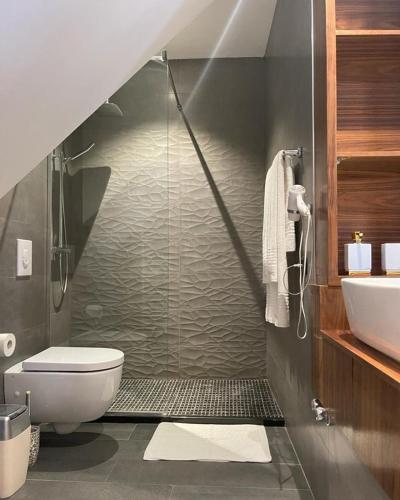 a bathroom with a shower with a toilet and a sink at Vila Shard Boutique Hotel in Tirana