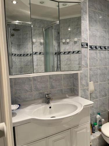 une salle de bain avec un lavabo et un miroir dans l'établissement Studio en résidence face mer avec parking, à Le Touquet-Paris-Plage