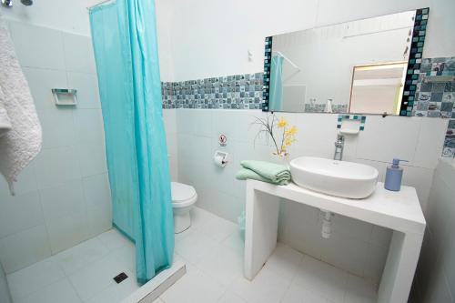 een badkamer met een wastafel, een toilet en een douche bij Isla Tijereto in Isla Grande