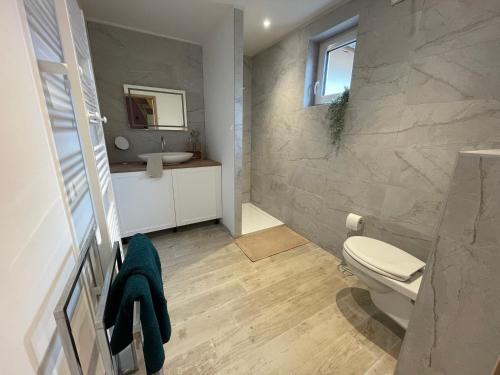 une salle de bain avec toilettes et lavabo dans l'établissement La Grange proche d’Europapark, à Kunheim