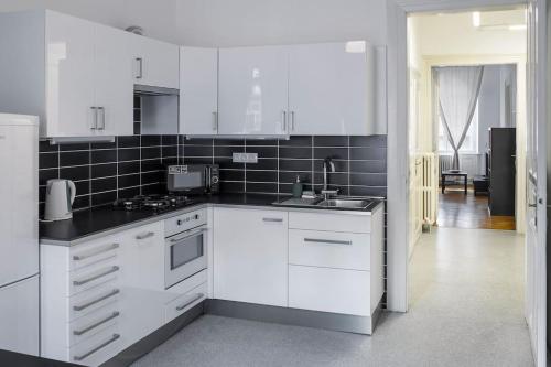 a kitchen with white cabinets and a black tile wall at Prince Matyas apartment in Prague