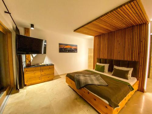 ein Schlafzimmer mit einem großen Bett und einem TV in der Unterkunft Ferienvilla Joachimsberg mit Swimspa und Sauna in Wienerbruck
