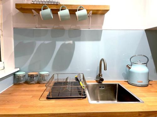 a kitchen sink with a dish drying rack and a stove at Loft apartment in Joppa in Edinburgh