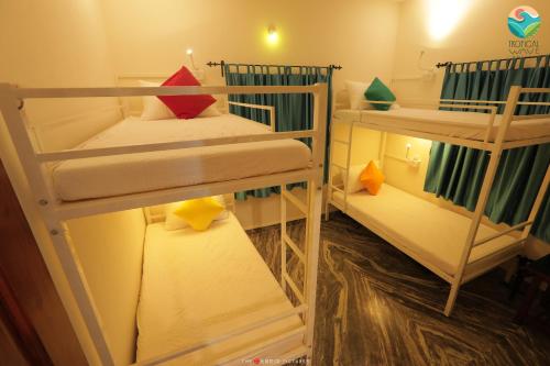 a room with three bunk beds in a room at Tropical Wave Hostel Morjim Goa in Morjim