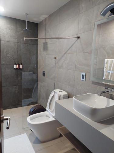 a bathroom with a sink and a toilet and a shower at Oaxaca Inn Reforma in Oaxaca City