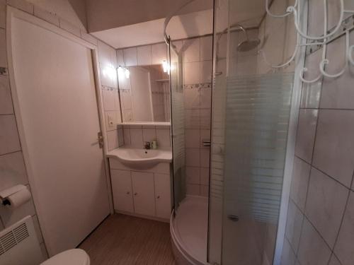 une salle de bain avec une douche, des toilettes et un lavabo dans l'établissement Appartement Rénové Face au Parc Aquatique, Proche Plages et Commerces, Parking Privé - FR-1-239-107, à Seignosse