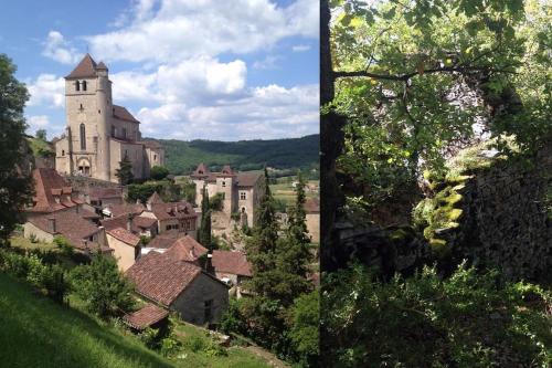 a collage of two pictures of a town with a church at Les Trigones du Causse -Maison atypique avec Piscine Privée in Saint-Martin-Labouval