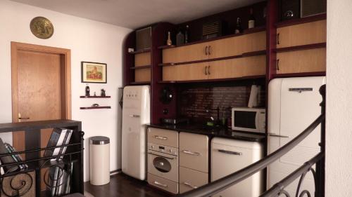 a kitchen with a refrigerator and a microwave at Studio with a view of the center of Bratislava in Bratislava