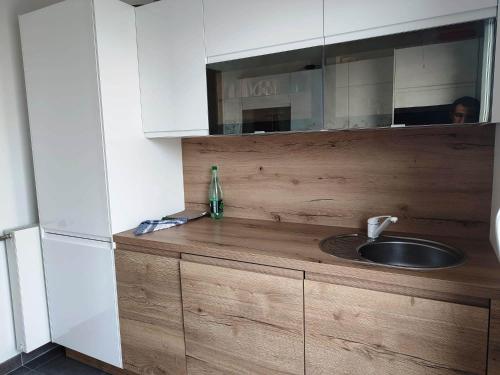 a kitchen with a sink and a mirror at Parc EXPO prte d'orléans ORLY CDG Terrasse parking in Bagneux