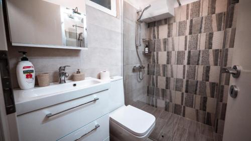 a small bathroom with a sink and a toilet at La Garcon in Braşov