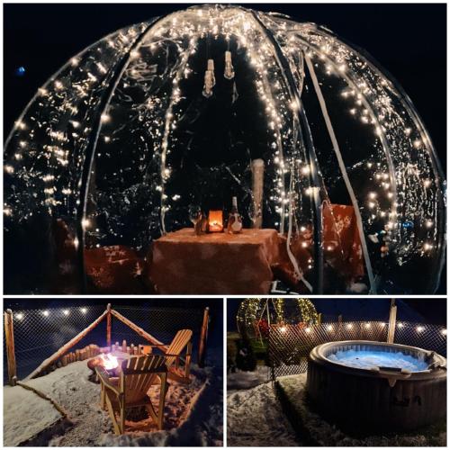 two pictures of a igloo with a hot tub and a table at Tiny House Colibita in Colibiţa