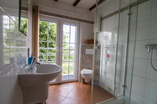 ein Bad mit einem Waschbecken, einer Dusche und einem WC in der Unterkunft Ferienhaus Wildblick in Schleiden