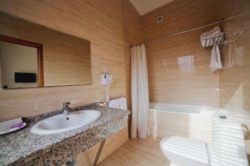 a bathroom with a sink and a toilet and a tub at Bishkek Boutique Hotel in Bishkek