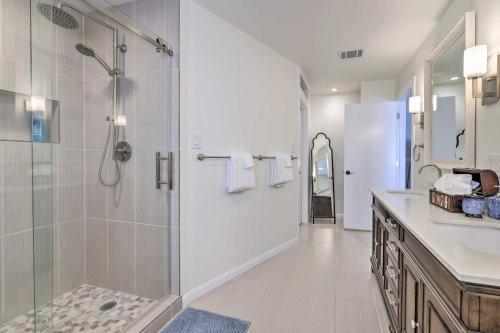 a bathroom with a shower and a sink at Gorgeous San Marco Home with Patio and Gas Grill! in San Marcos
