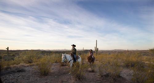 two people are riding horses in a field at Kay El Bar Guest Ranch in Wickenburg